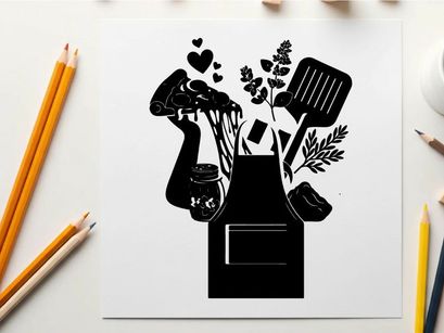 Silhouette of italian kitchen utensils and wine bottle