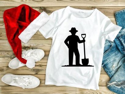 Farmer with shovel and hat gardening soil minimalist black silhouette