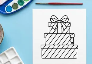 Stack of Christmas gift boxes with a bow, black and white line art vector illustration.