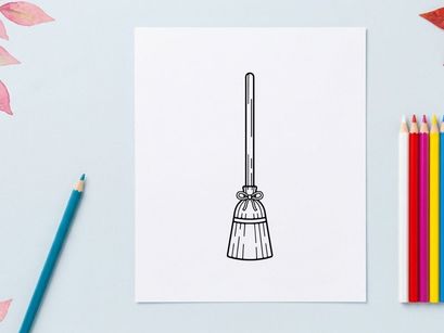 Ilustração de vassoura desenhada à mão para limpeza e tarefas domésticas. Arte vetorial de linha simples de uma ferramenta clássica de varrer com cabo de madeira.