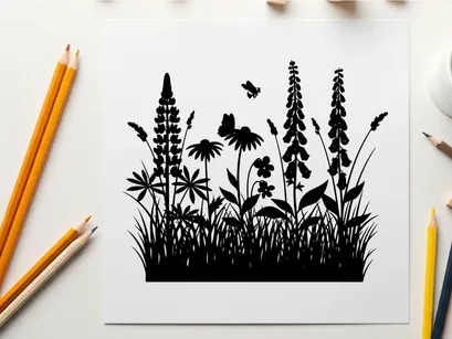 Black silhouette of wildflowers and grass with butterfly