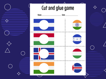 12 Pages Cut and glue game for kids with country flag. Cutting practice for preschoolers. Education paper game for children preview picture