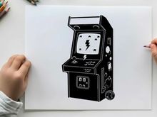 Vintage arcade machine silhouette with lightning bolt logo
