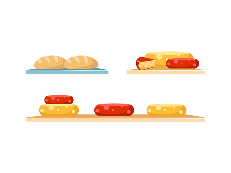 Cheese and bread display flat color vector objects set