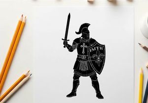 Medieval knight silhouette with sword and shield of faith