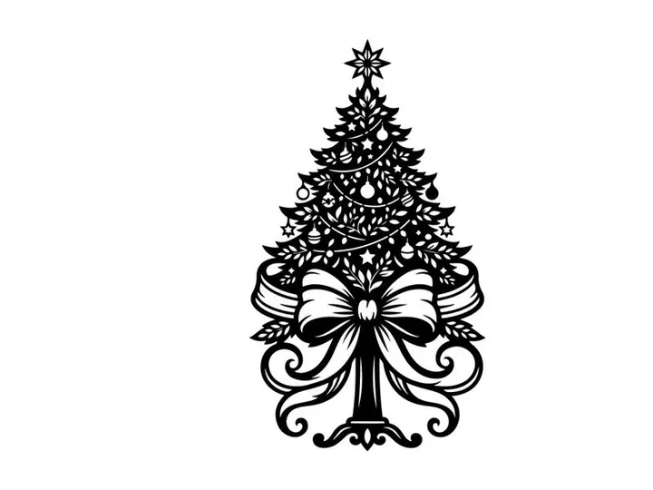 Schwarz-Weiß-Weihnachtsbaum-Illustration mit dekorativem Band und Schleife