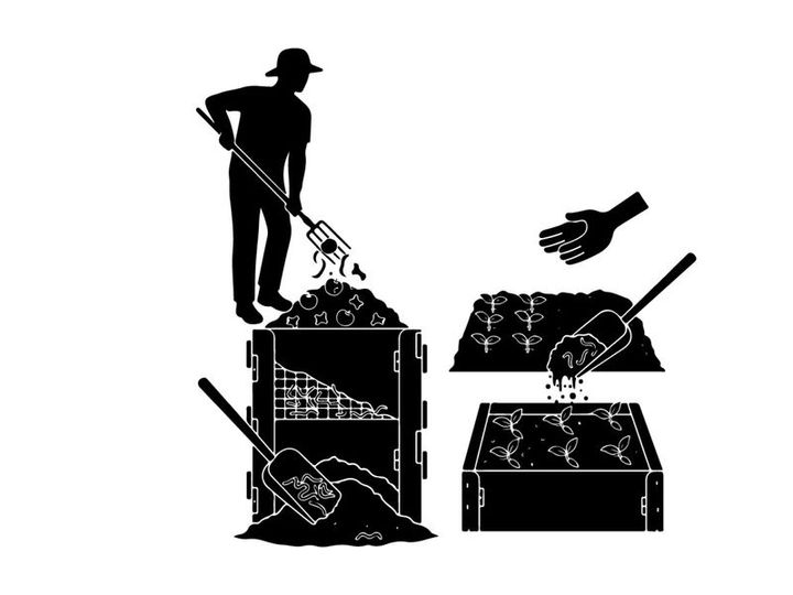 Silhouette of a man composting with a shovel and turning pile silhouette