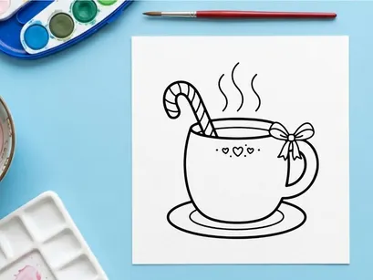 Hand-drawn steaming Christmas coffee cup with candy cane stirrer and love hearts design