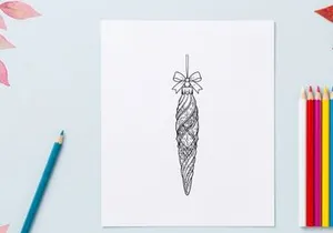 Christmas tree ornament bauble line art drawing with a decorative bow hanging isolated