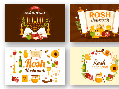 12 Happy Rosh Hashanah Vector Illustration