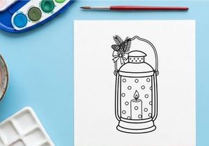 Ilustrasi seni garis lentera Natal dengan ranting pinus dan lilin untuk dekorasi hari raya