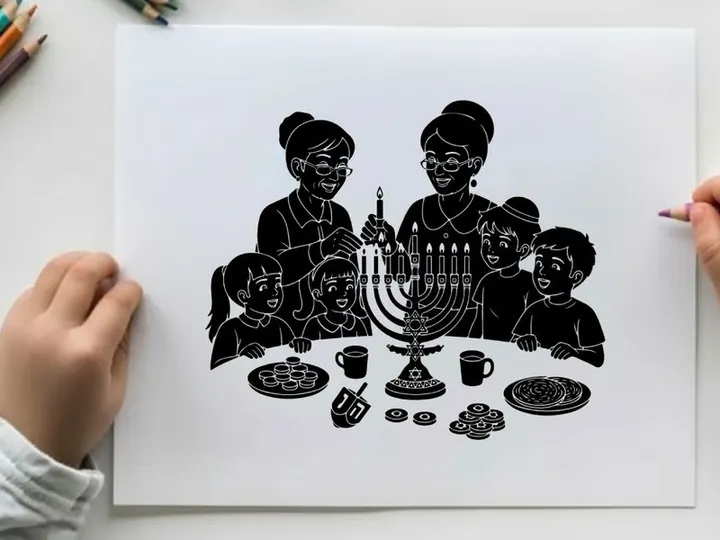 Happy family celebrating hanukkah with traditional foods and menorah silhouette