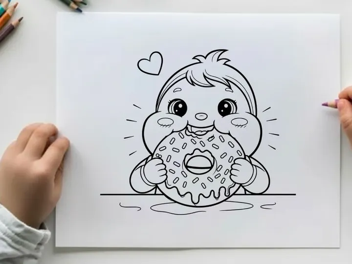 Cute baby eating donut messy happy vector illustration