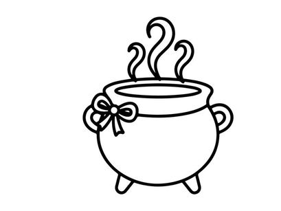 Steaming cauldron with boiling liquid and rising smoke. Classic witch pot simmering over open flame for Halloween or fantasy cooking.