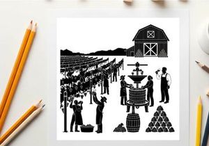 Vintage farm scene with silhouette of people working in orchard and barn