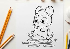 Cute mouse splashing in puddles vector illustration flat design