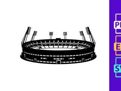 Black and white illustration of a large outdoor sports stadium with floodlights