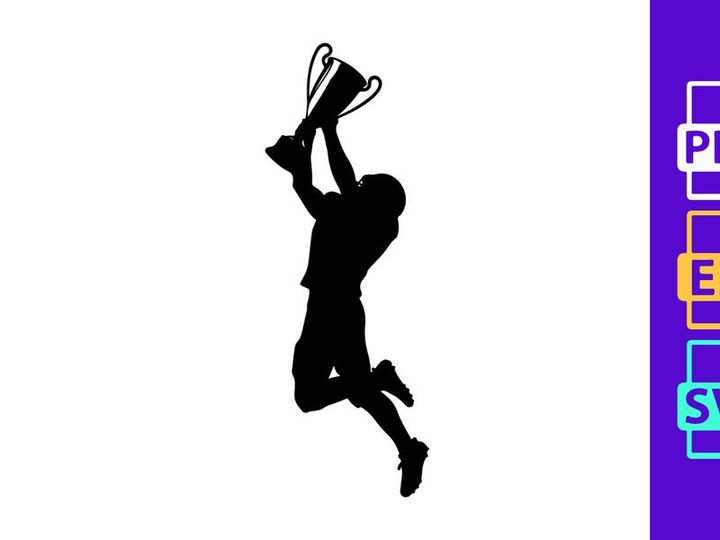A person jumping in the air with a trophy cup