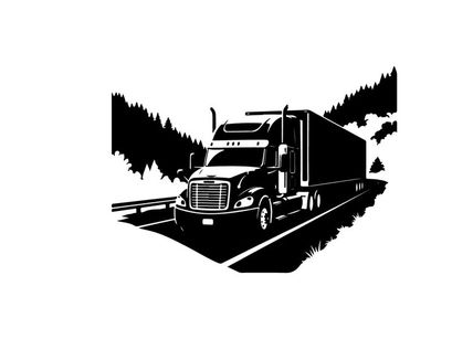 Semi truck silhouette driving on highway through mountains