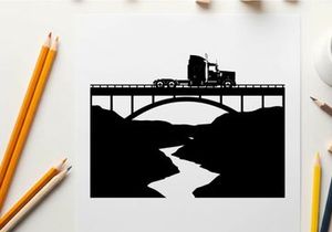 Truck crossing bridge in silhouette against white background