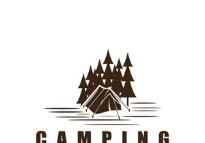 Pine trees and camping tent textured logo design vector illustration