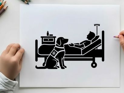 Silhouette of a service dog visiting a patient in hospital bed