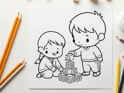 Children learning alphabet blocks vector illustration flat design