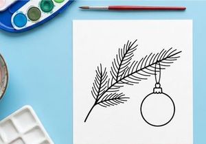 Ilustrasi seni garis ornamen bola gantung cabang pohon Natal