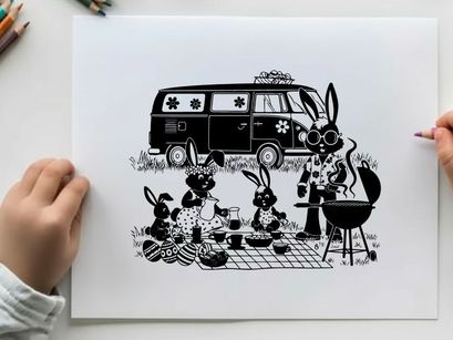 Bunnies on a camping trip with silhouette of a van and grill