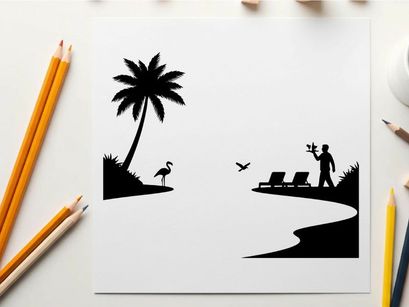 Beach scene with silhouette of palm tree and waiter