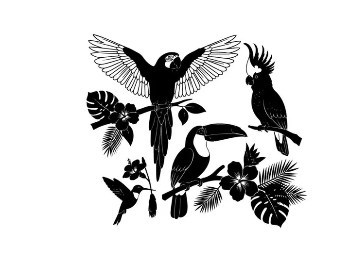 Tropical birds in silhouette amidst lush foliage and flowers