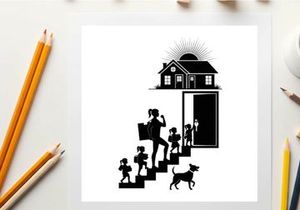 Silhouette of family leaving home for school and work