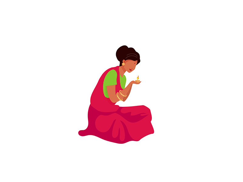 Indian woman light candle flat color vector faceless character