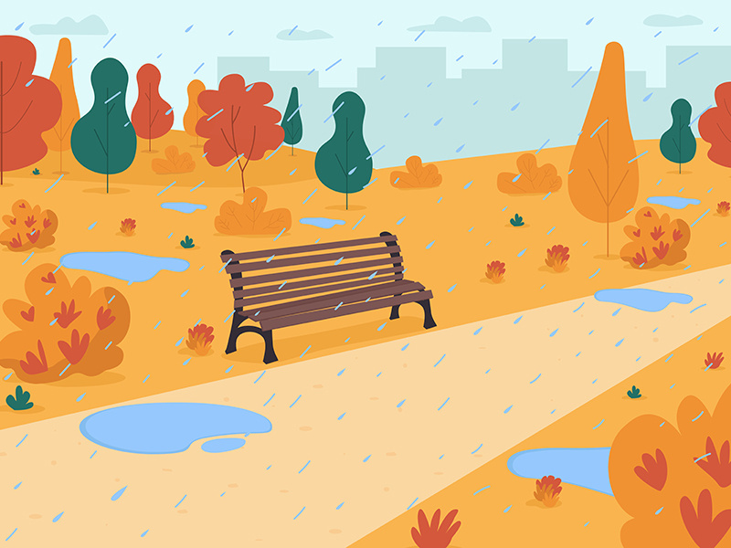 Rain in autumn park flat color vector illustration