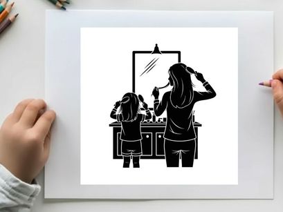 Mother and daughter getting ready in front of mirror silhouette