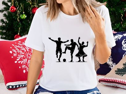 Silhouette of three people playing soccer and dancing together