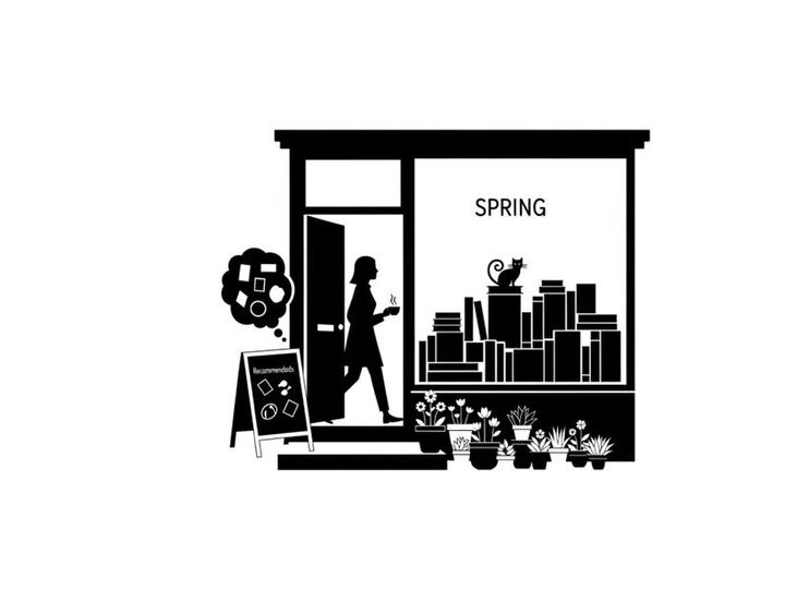 Silhouette of woman entering storefront with spring cityscape and flowers