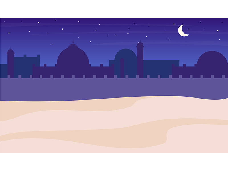 Desert town silhouette night scenery flat color vector background