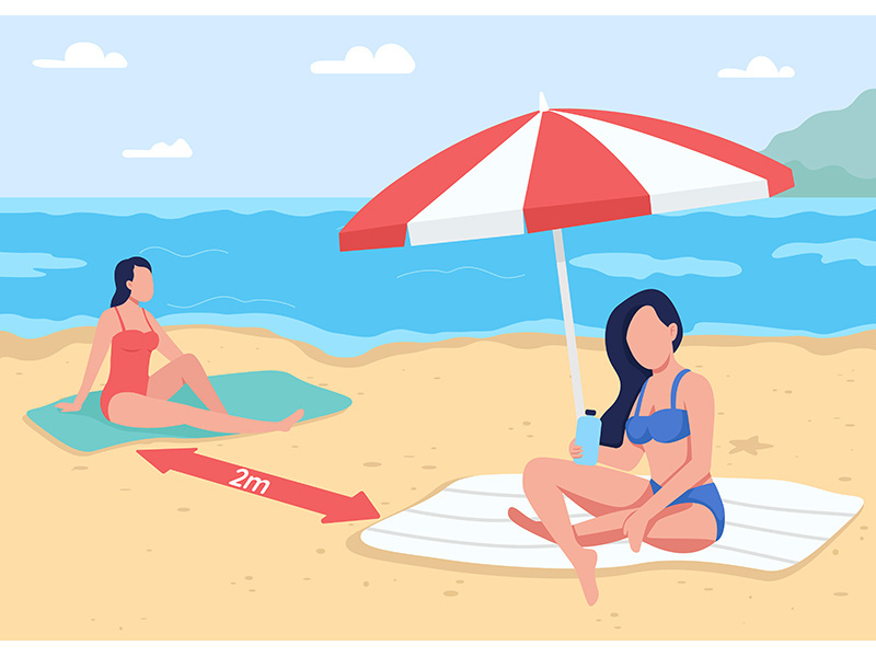 Social distancing at beach flat color vector illustration