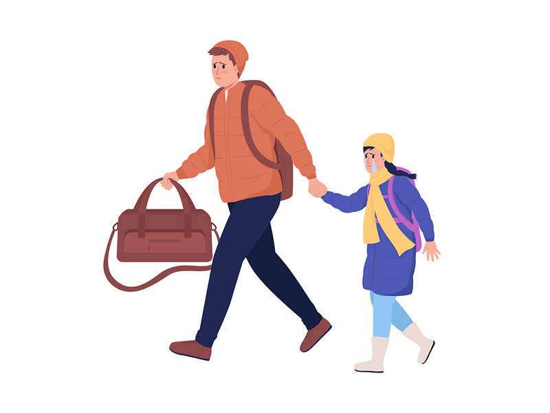 Father with daughter running away from war flat color vector characters
