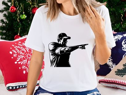 A man pointing to the right with his arm outstretched in a black and white illustration