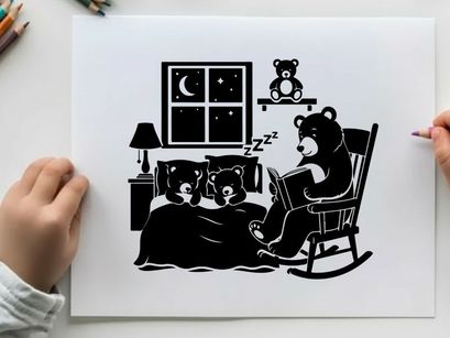 A silhouette of a bear reading to sleeping cubs