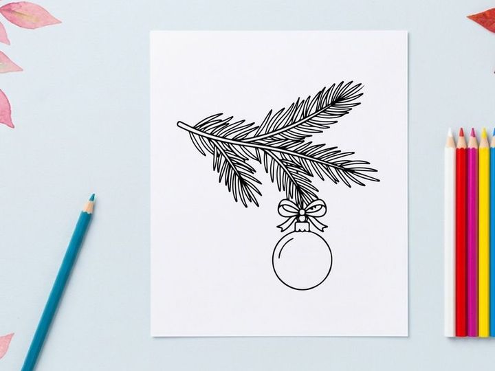Cabang pohon Natal dengan hiasan gantung, ilustrasi seni garis meriah buatan tangan.