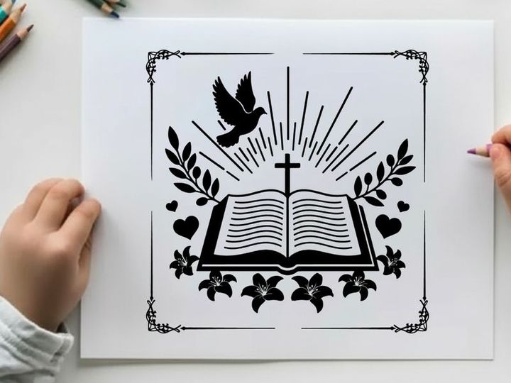 Silhouette of bible cross dove leaves hearts silhouette