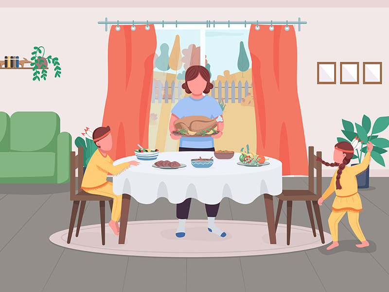 Family celebrate Thanksgiving flat color vector illustration