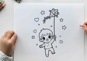 Cute child fishing with stars and hearts vector illustration