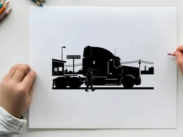 Silhouette of a man walking beside a large truck preview picture
