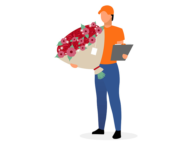 Courier with flowers flat vector character