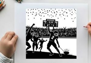 Silhouette of football players celebrating victory in a stadium with a scoreboard