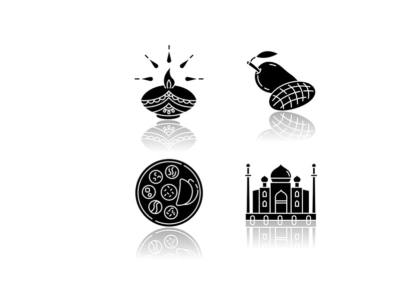 Indian culture drop shadow black glyph icons set